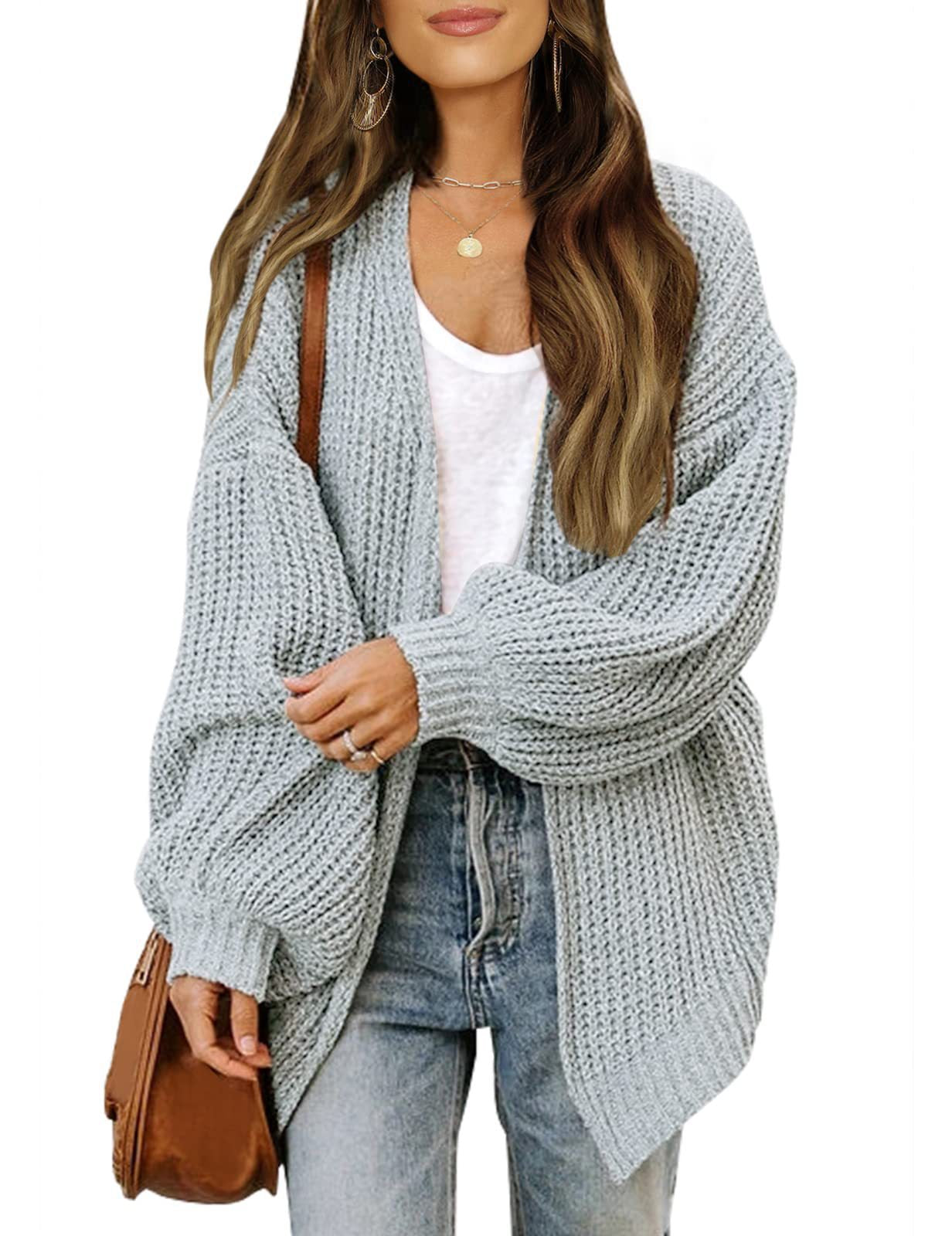 Chunky Knit Open Cardigan with Balloon Sleeves – Women – Grey – worn